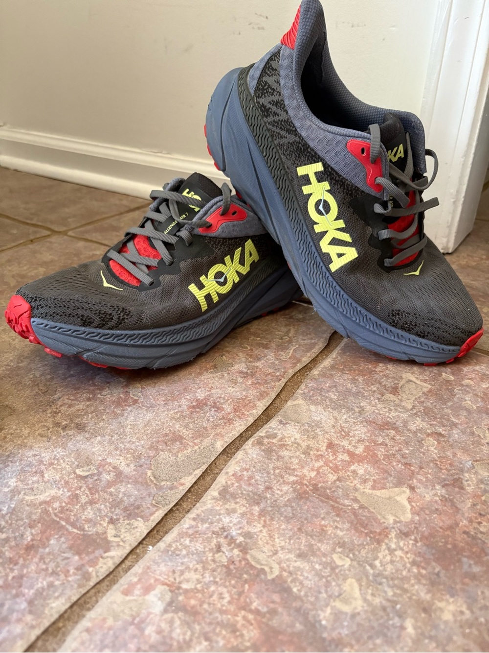 Hoka Men's Athletic Shoes in Charcoal with Red and Yellow Accents